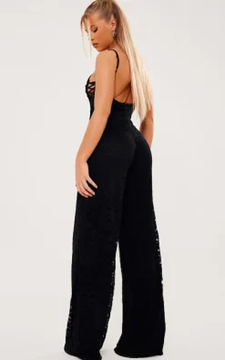 Black Lace Lace Up Strappy Jumpsuit