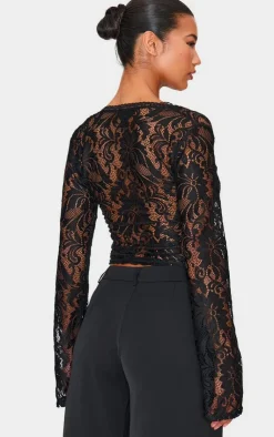 Lace Plunge Flared Sleeve Long Top-PrettyLittleThing New