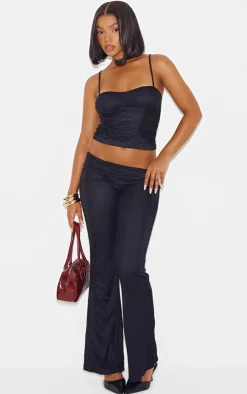 New PrettyLittleThing Lace Ruched Mesh Strappy Top Black