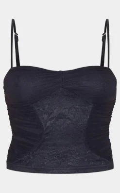 New PrettyLittleThing Lace Ruched Mesh Strappy Top Black