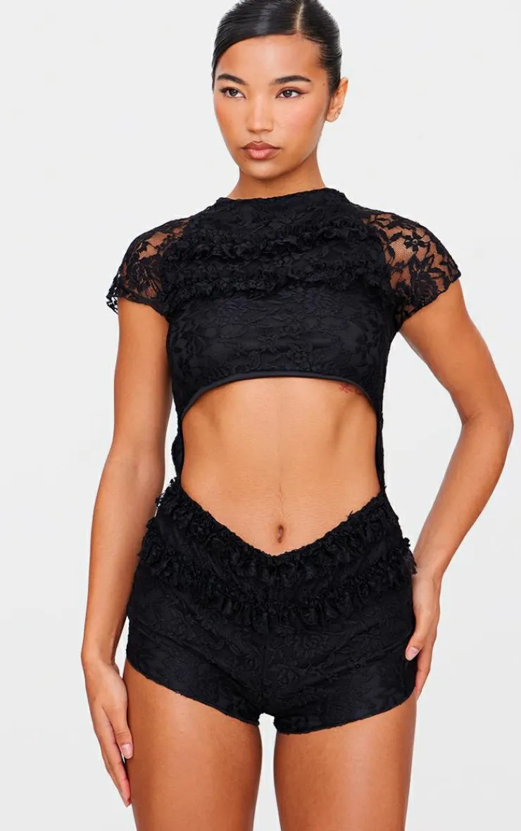 Lace Ruffle Detail Cut Out Rara Unitard-PrettyLittleThing Hot