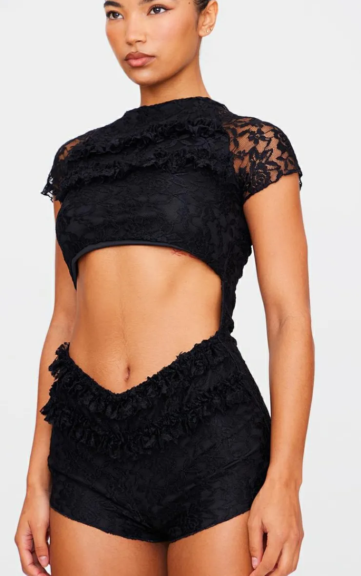 Lace Ruffle Detail Cut Out Rara Unitard-PrettyLittleThing Hot