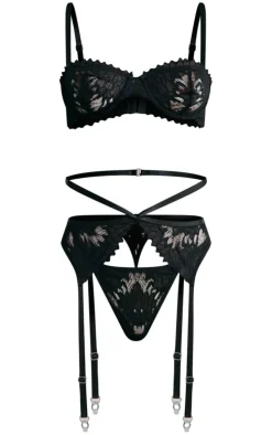 Black Lace Scalloped Edge Underwired 3 Piece Lingerie Set