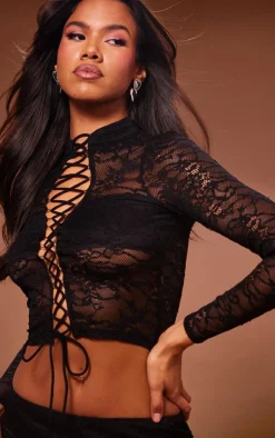 PrettyLittleThing Lace Tie Front Long Top Black