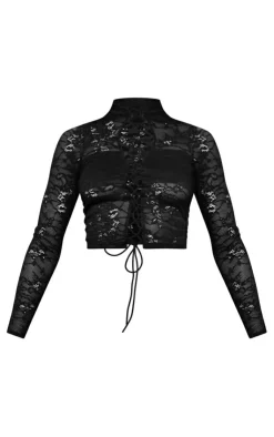 PrettyLittleThing Lace Tie Front Long Top Black