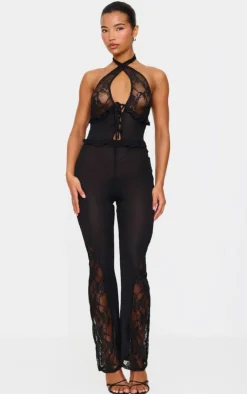 Lace Trim Mesh Halter Neck Sheer Jumpsuit-PrettyLittleThing Online