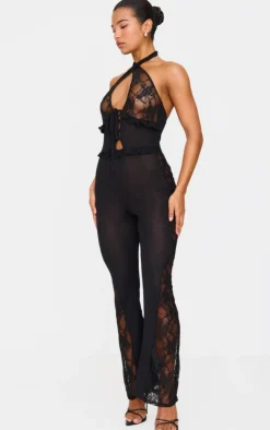 Lace Trim Mesh Halter Neck Sheer Jumpsuit-PrettyLittleThing Online