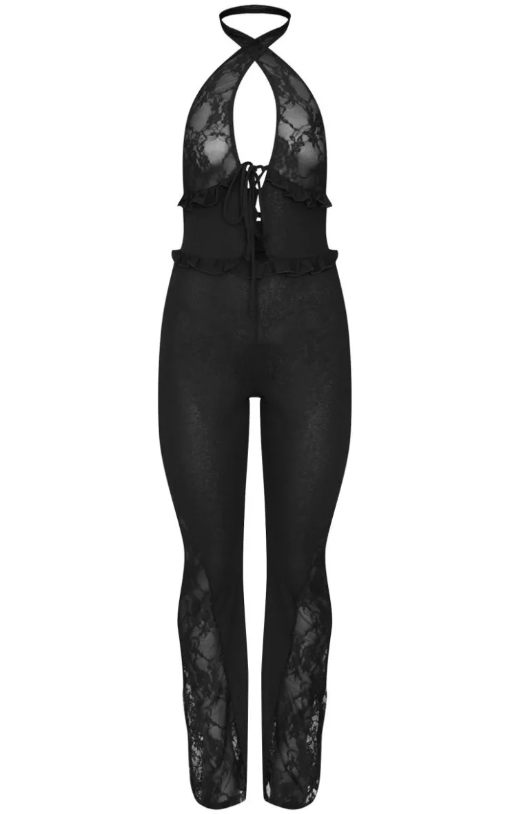 Lace Trim Mesh Halter Neck Sheer Jumpsuit-PrettyLittleThing Online