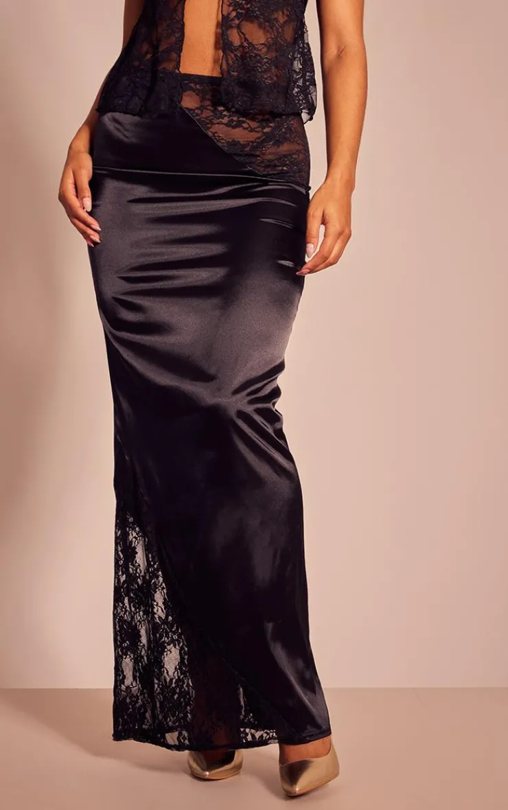Lace Trim Satin Maxi Skirt-PrettyLittleThing
