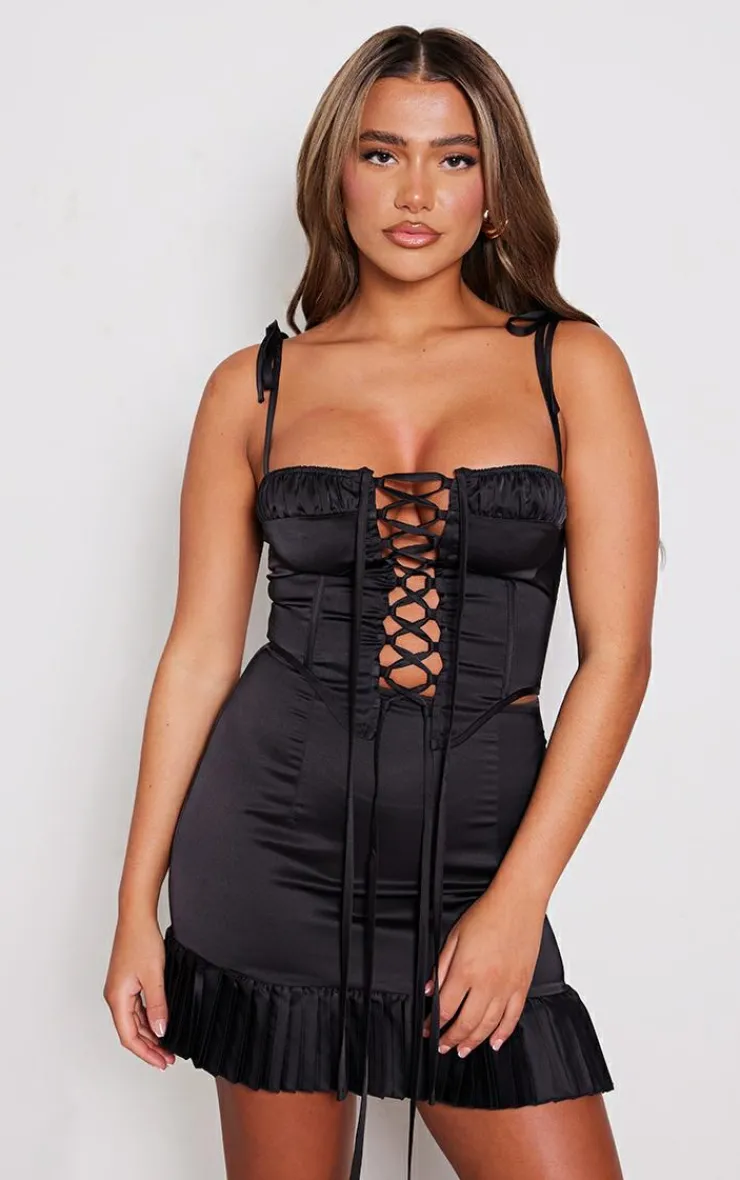 Lace Up Corset Frill Hem Shift Dress-PrettyLittleThing Outlet