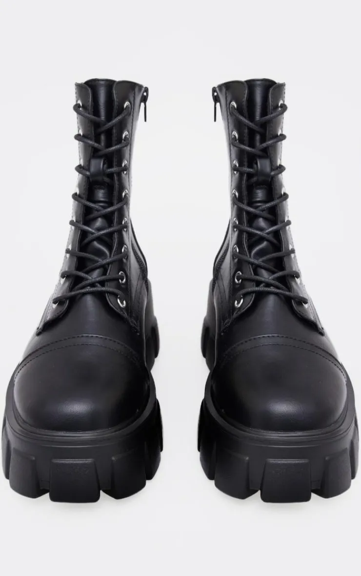 PrettyLittleThing Black Boots*Lace Up Extreme Cleated Sole Combat Boots