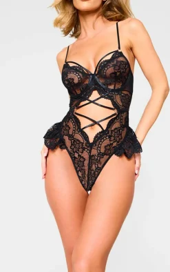 PrettyLittleThing Christmas Shop*Lace Up Floral Lace Lingerie Bodysuit
