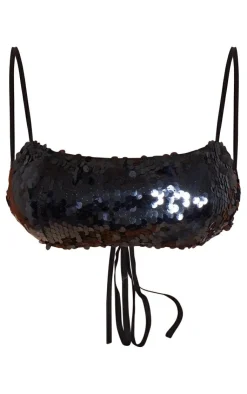 Online PrettyLittleThing Lace Up Sequin Bandeau Top Black