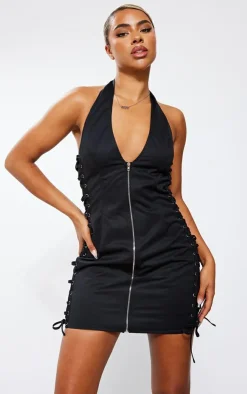 Lace Up Side Zip Front Bodycon Dress-PrettyLittleThing Clearance