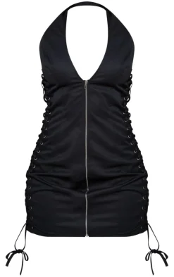 Lace Up Side Zip Front Bodycon Dress-PrettyLittleThing Clearance