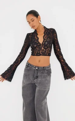 Lace V Neck Backless Long Top-PrettyLittleThing Online