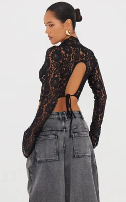 Lace V Neck Backless Long Top-PrettyLittleThing Online