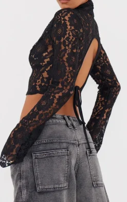 Lace V Neck Backless Long Top-PrettyLittleThing Online