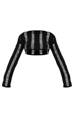 PrettyLittleThing Knitted Tops*Laddering Knit Long Sleeve Crop Top