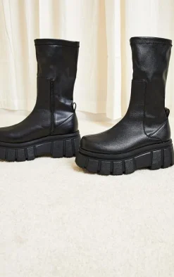 PrettyLittleThing Black Boots*Large Cleat Extra Chunky Sole PU Sock Boots
