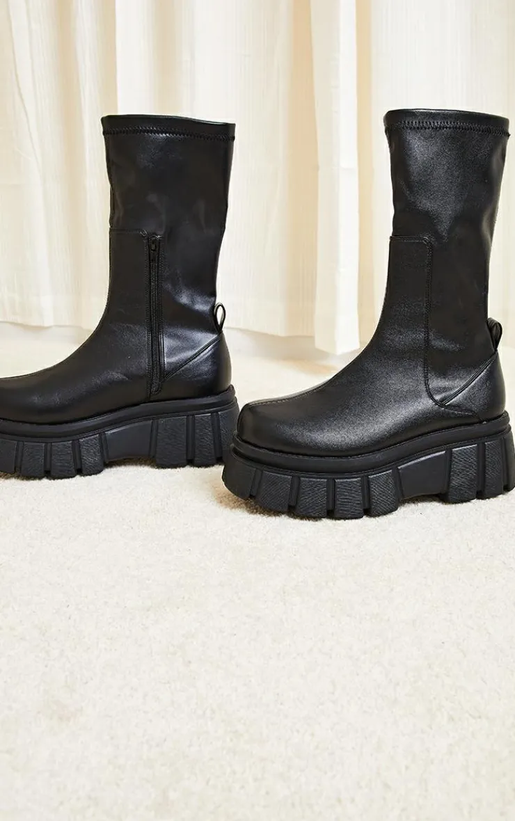 PrettyLittleThing Black Boots*Large Cleat Extra Chunky Sole PU Sock Boots