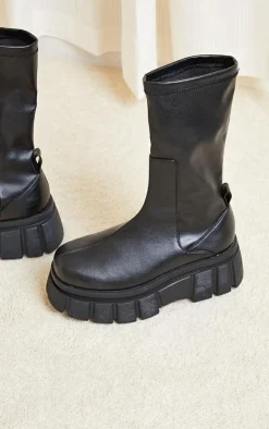 PrettyLittleThing Black Boots*Large Cleat Extra Chunky Sole PU Sock Boots