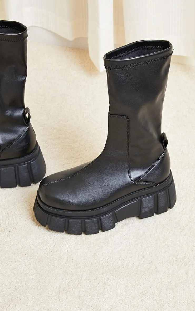PrettyLittleThing Black Boots*Large Cleat Extra Chunky Sole PU Sock Boots