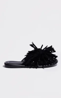 PrettyLittleThing Flat Sandals*Leather Round Toe Faux Suede Tassel Strap Flat Sandals