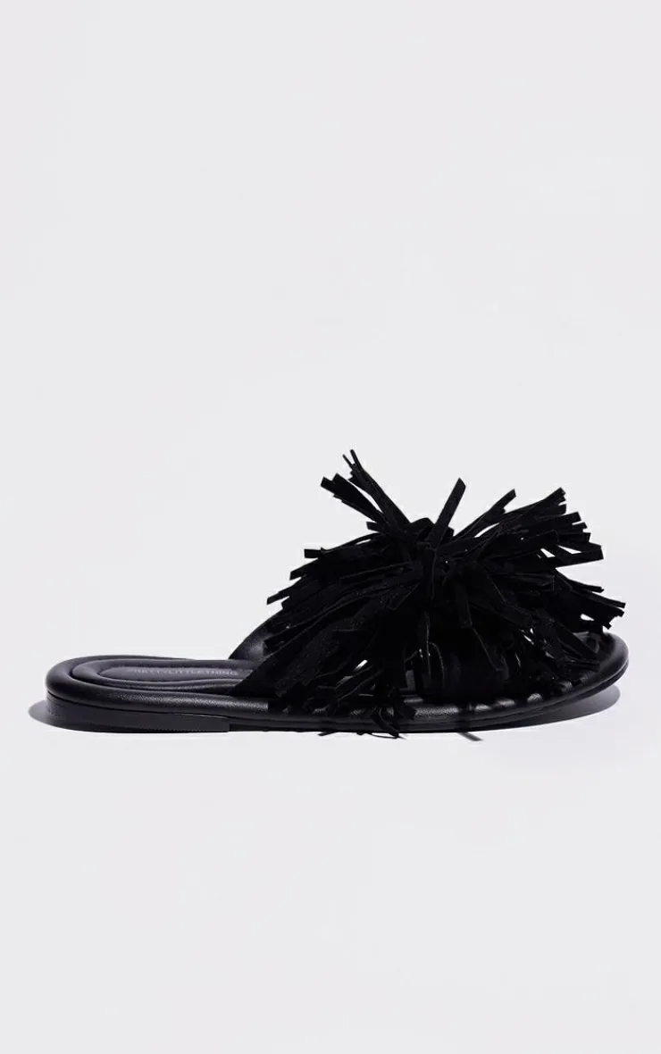 PrettyLittleThing Flat Sandals*Leather Round Toe Faux Suede Tassel Strap Flat Sandals