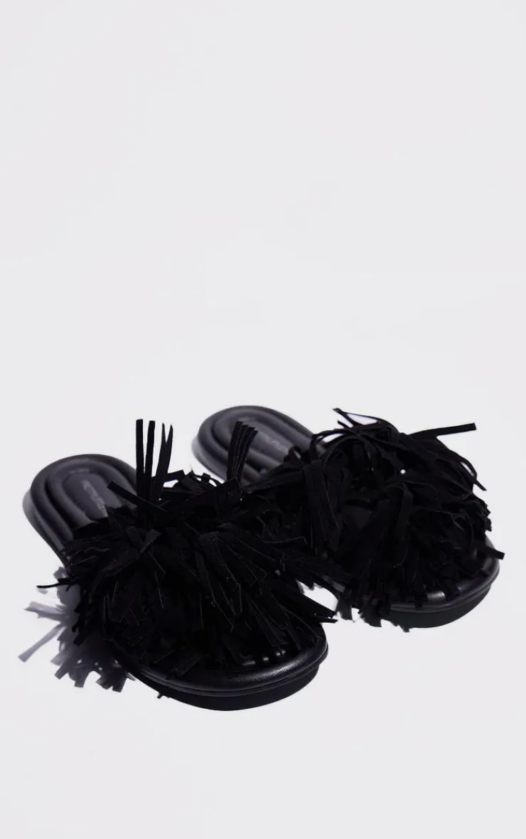 PrettyLittleThing Flat Sandals*Leather Round Toe Faux Suede Tassel Strap Flat Sandals