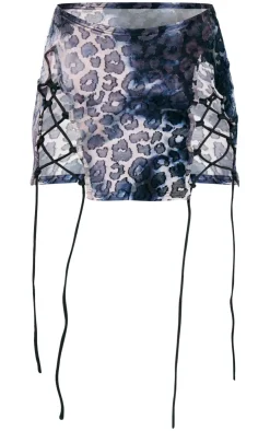 Leopard Lace Up Detail Devore Mini Skirt-PrettyLittleThing New