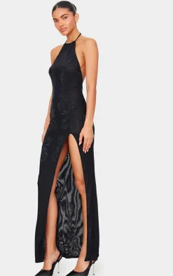 Lined Mesh Diamante Detail Split Maxi Dress-PrettyLittleThing Clearance