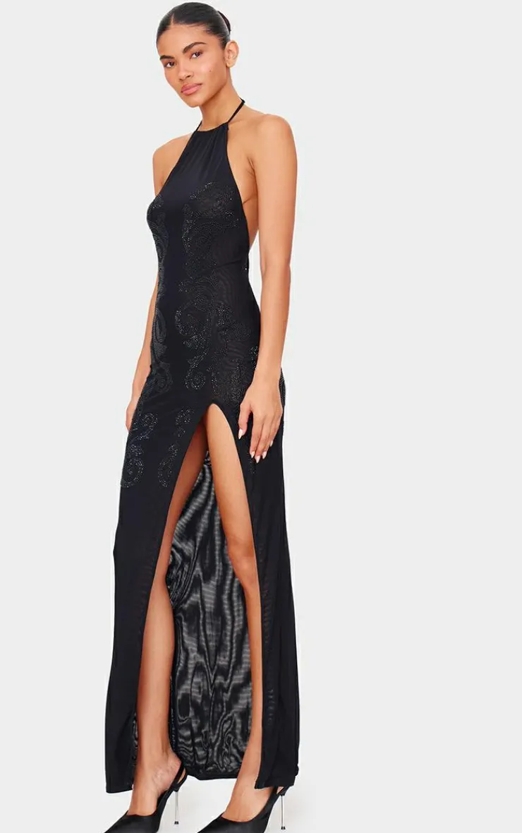 Lined Mesh Diamante Detail Split Maxi Dress-PrettyLittleThing Clearance