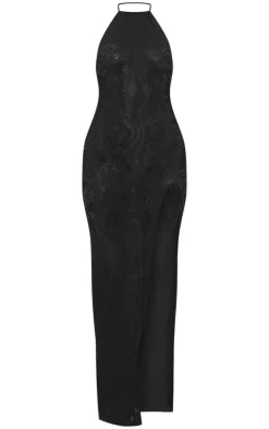 Lined Mesh Diamante Detail Split Maxi Dress-PrettyLittleThing Clearance