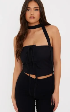 Black Linen Bow Front Scarf Bandeau Top