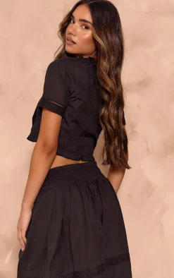 Best PrettyLittleThing Linen Look Broderie Detail Short Sleeve Shirt Black