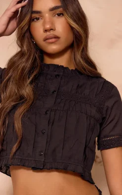 Best PrettyLittleThing Linen Look Broderie Detail Short Sleeve Shirt Black