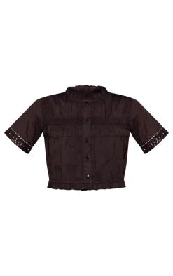 Best PrettyLittleThing Linen Look Broderie Detail Short Sleeve Shirt Black