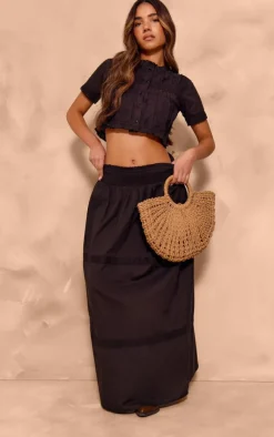 Hot PrettyLittleThing Linen Look Broderie Detail Floaty Maxi Skirt Black