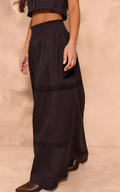 Hot PrettyLittleThing Linen Look Broderie Detail Floaty Maxi Skirt Black