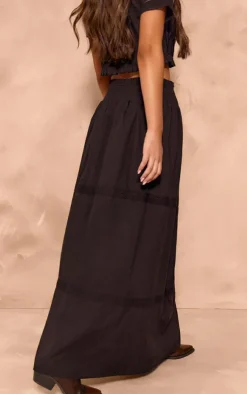 Hot PrettyLittleThing Linen Look Broderie Detail Floaty Maxi Skirt Black
