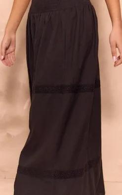 Hot PrettyLittleThing Linen Look Broderie Detail Floaty Maxi Skirt Black