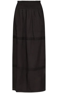 Hot PrettyLittleThing Linen Look Broderie Detail Floaty Maxi Skirt Black