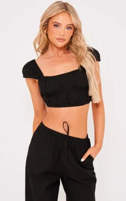 Discount PrettyLittleThing Linen Look Cap Sleeve Ruched Crop Top Black