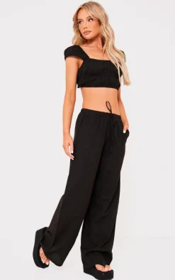 Discount PrettyLittleThing Linen Look Cap Sleeve Ruched Crop Top Black