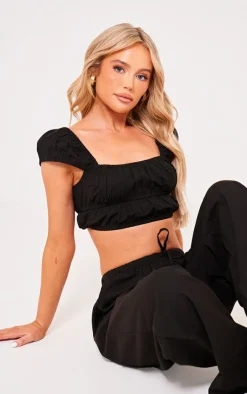 Discount PrettyLittleThing Linen Look Cap Sleeve Ruched Crop Top Black