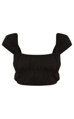 Discount PrettyLittleThing Linen Look Cap Sleeve Ruched Crop Top Black