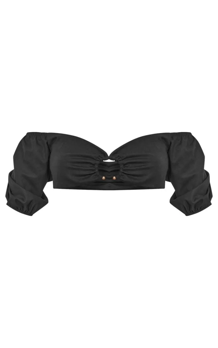 Black Linen Look Cropped Ring Detail Top