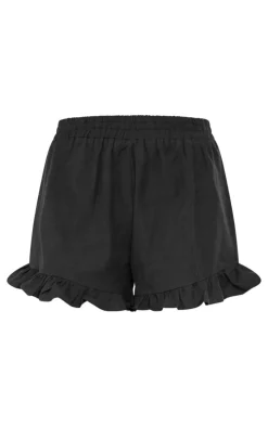 New PrettyLittleThing Linen Look Floaty Frill Hem Shorts Black