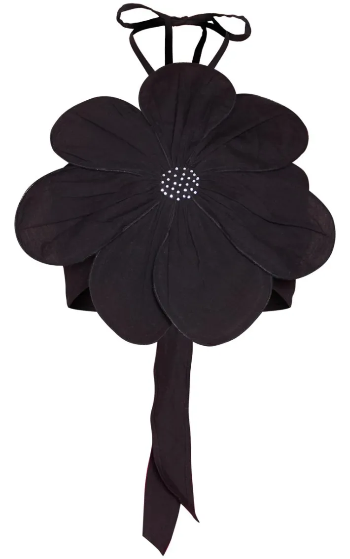 Black Linen Look Floral Diamante Tie Back Crop Top